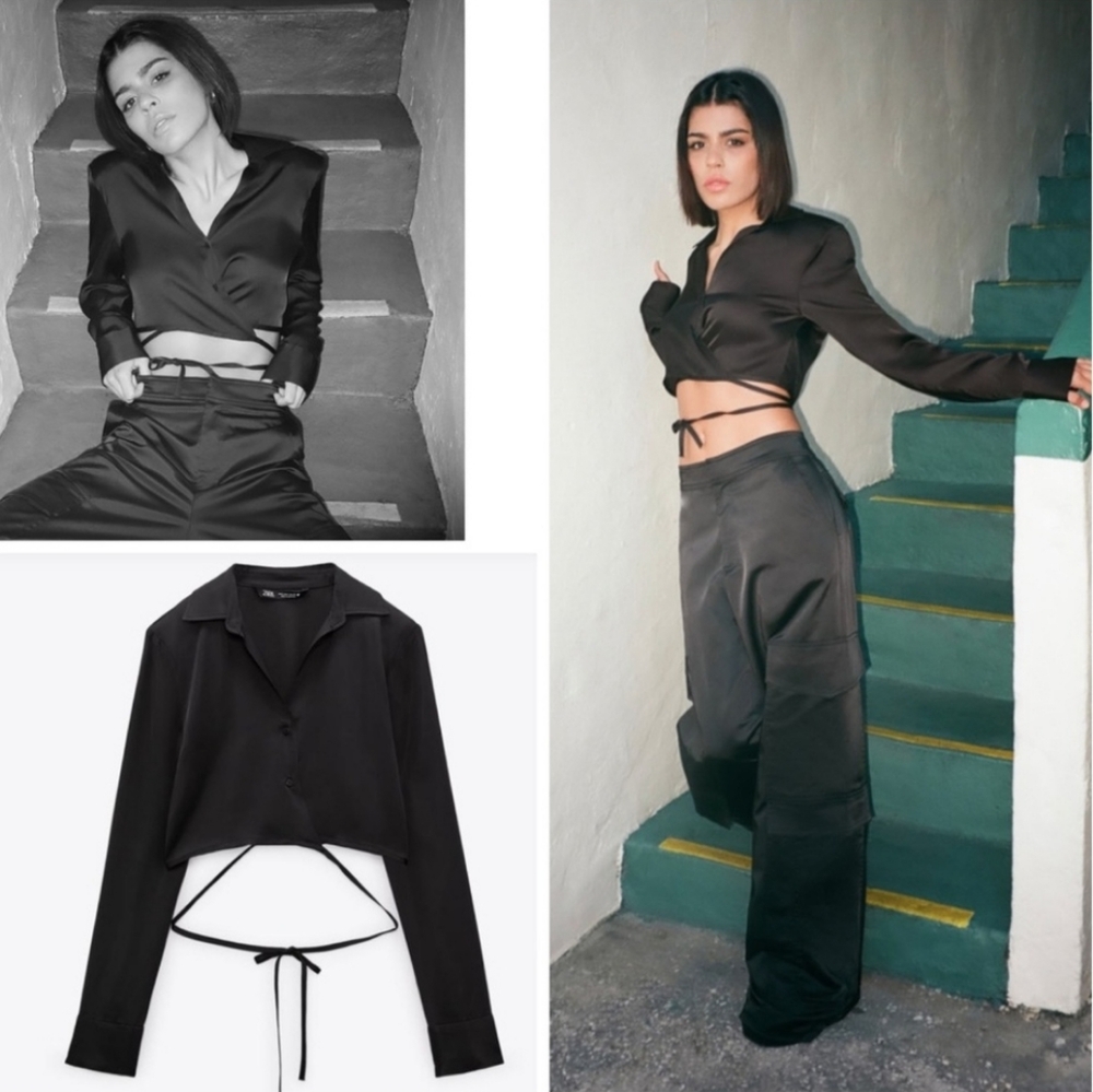 Zara Satin Effect Cropped Tie Front Blouse Top Black Size S
